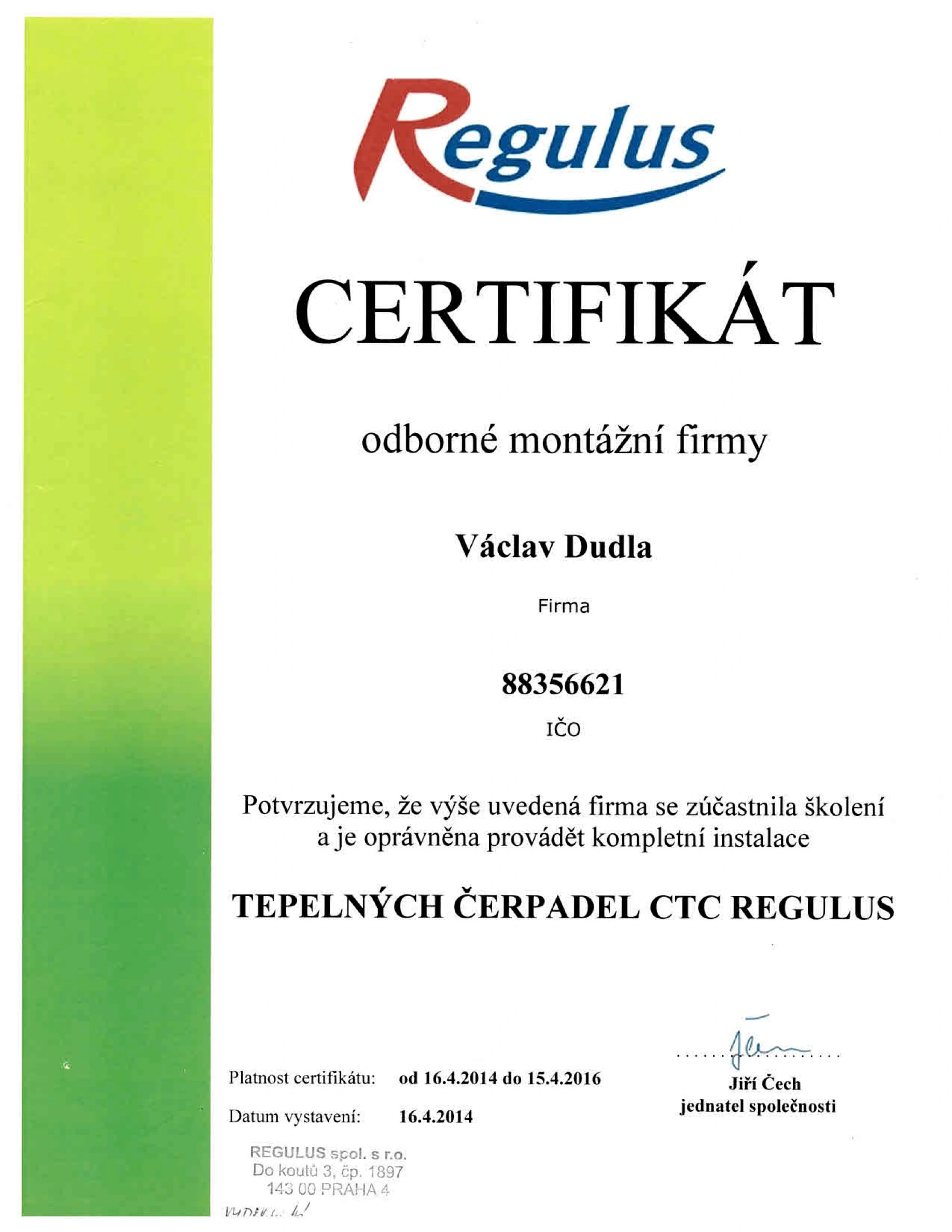 Certifikát odborné montážní firmy